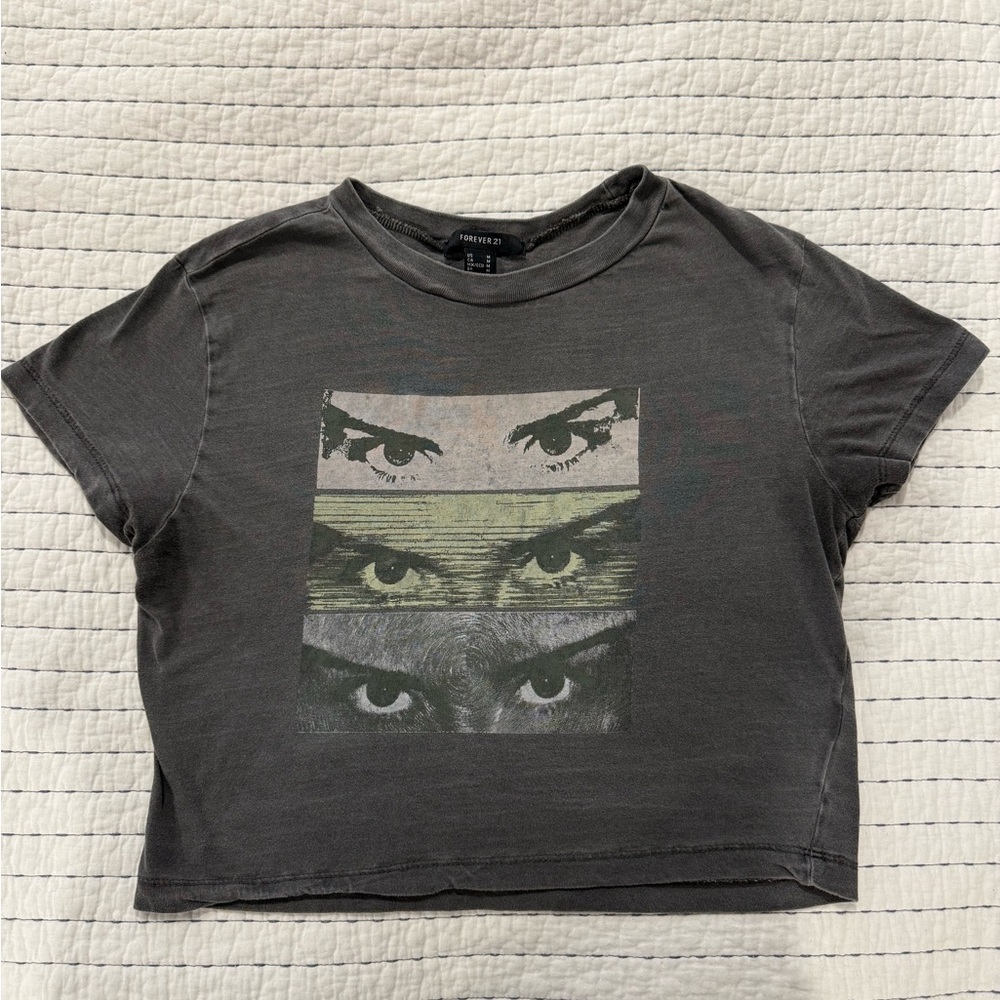 Forever 21 Graphic Eye Crop Top in Dark Gray